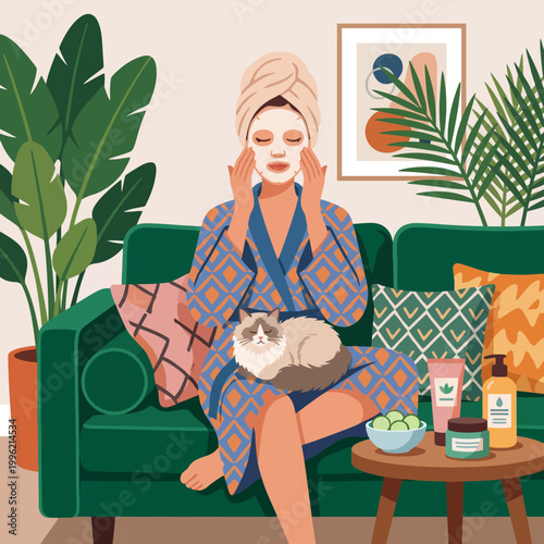 This soothing image showcases a woman pampering herself at home with a facial mask, surrounded by plants and wellness products, representing self-care and relaxation.