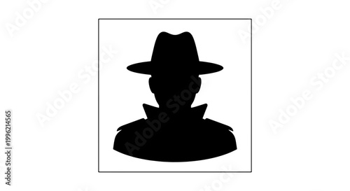 Mysterious spy silhouette wearing fedora hat and trench coat, anonymous detective avatar icon, secret agent character vector illustration