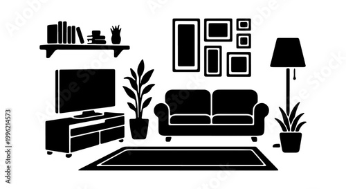 Modern living room interior silhouette vector, minimalist home furniture set with sofa and television, cozy apartment lounge decor icons