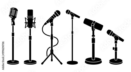 Professional microphone silhouette set, 6 studio and stage mic icons on stands, black audio equipment vector graphics for podcast and music recording
