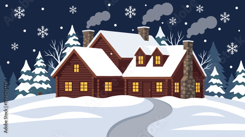 This rustic snowy house in a winter wonderland evokes a cozy ambiance, capturing the serene beauty of winter nights with softly glowing windows and classic scenery.
