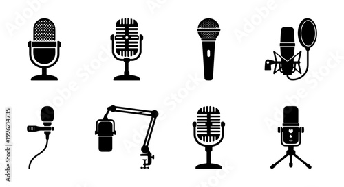Professional microphone icon set, vintage and modern audio equipment silhouettes, 8 podcast and studio recording mic vectors for broadcast