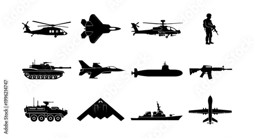 Military vehicle silhouettes set, 12 black army icons including tanks and jets, war equipment vector collection for tactical design and infographics
