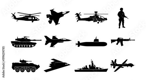 Military vehicles and equipment silhouettes set, 12 army icons including tanks and fighter jets, black war machines and soldier vector graphics