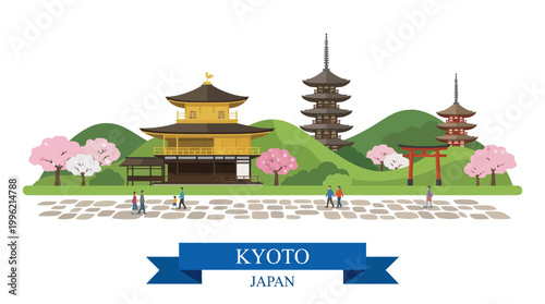 A vibrant and detailed illustration of Kyoto, Japan, showcasing iconic landmarks such as temples and cherry blossoms, capturing the essence of Japanese culture in a visually appealing way.