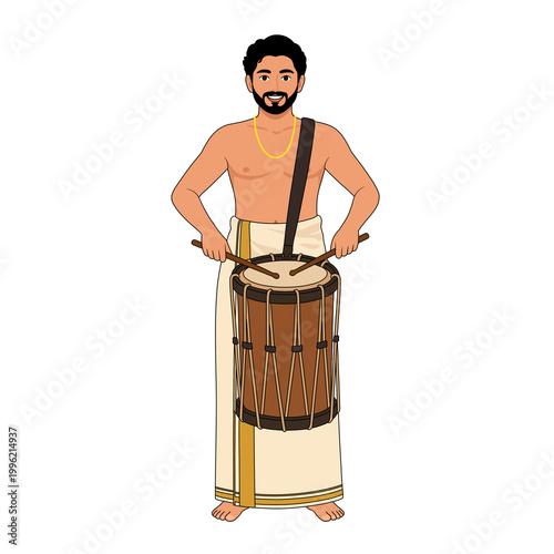 Traditional kerala man playing chenda drum in ethnic wear isolated on transparent background for thrissur pooram and onam festivals