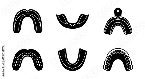 Dental mouthguard icon set, 6 black vector mouth guard symbols for sports and teeth grinding, orthodontic dental tray silhouettes for oral health