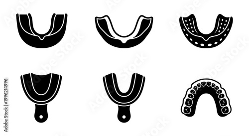 Dental impression tray icons set, orthodontic mouth guard and teeth mold vector collection, black silhouette stomatology equipment for clinics
