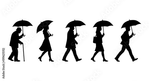 Black silhouette people walking with umbrellas, diverse pedestrians in rain vector set, men and women group in rainy weather, isolated human figures