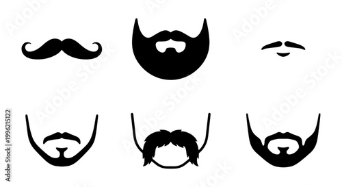 Vintage mustache and beard styles collection, set of 6 black facial hair vector icons, masculine grooming and barber shop silhouettes on white background