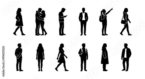 Black silhouette people collection, 12 human figures in various poses, walking and standing men and women icons, urban crowd vector set for architectural visualization