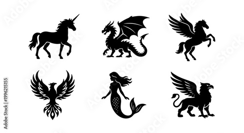 Mythical creatures silhouette set of 6 icons, fantasy monster vector collection, black unicorn dragon pegasus phoenix mermaid and griffin illustrations