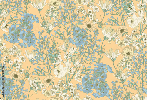  Flowers and leaves in vintage style, seamless pattern.
