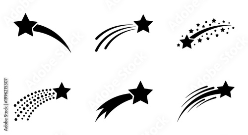 Shooting star vector icon set, black falling star silhouettes with stardust trails, 6 celestial comet elements for night sky design