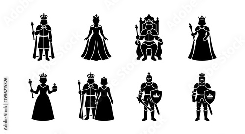 Medieval royal family icons set, black silhouette king and queen characters, 8 monarch and knight vector elements, royal throne and armor graphics