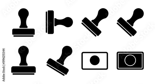 Rubber stamp icon set, black silhouette postage stamper symbols, 8 vector elements for office documentation and certification approval