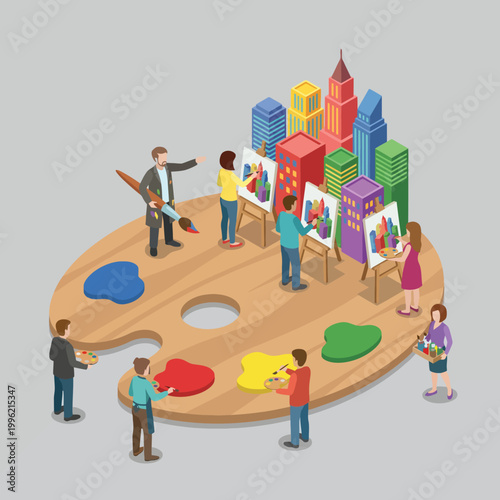 An engaging scene showing multiple artists painting colorful cityscapes on easels, representing creativity, artistic collaboration, urban landscapes, and the joy of artistic expression.