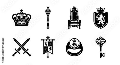 Medieval royal icons set of 8 black vector silhouettes, heraldic monarch symbols including crown, throne, and shield, kingdom regalia elements for gaming