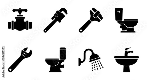 Plumbing service icon set with 8 black silhouettes, bathroom fixture and repair tool collection, toilet and sink vector symbols for home maintenance
