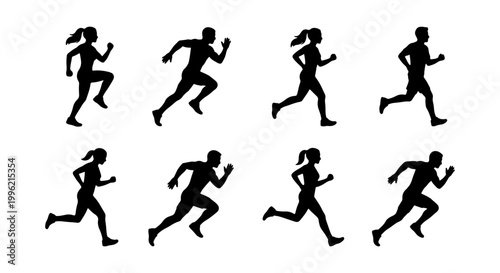 Running silhouette set of male and female athletes, black jogging people icons, sprinting man and woman vector collection for sports and fitness