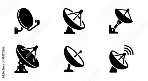 Satellite dish icon set, black parabolic antenna vector collection, wireless telecommunication equipment symbols for global network and broadcast