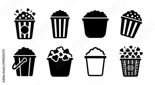 Popcorn icon set with 8 black vector silhouettes, cinema snack buckets and movie theater food containers, minimalist salty corn snack symbols