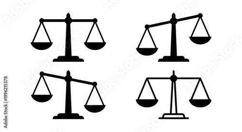 Justice scales icon set, black legal balance symbols in 4 variations, law and order vector graphics for courtroom and attorney branding