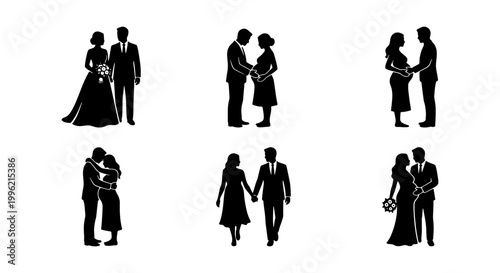 Wedding and pregnancy silhouettes set, black vector icons of married couples and expectant parents, romantic family life stages collection