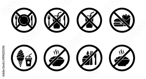 Prohibition sign set for food and drink, no eating or drinking icons, black and white 8 vector symbols for restricted areas and public safety