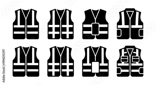 Safety vest icon set with 8 black vector elements, reflective high visibility workwear symbols, industrial protective clothing and construction uniform graphics