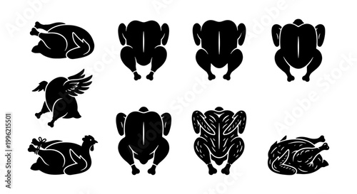 Roasted chicken silhouette icons set, black poultry meat vector collection, 8 fried turkey and hen symbols for restaurant menu and food packaging