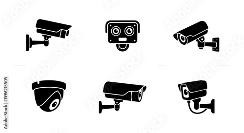 Security camera icon set, black CCTV surveillance system silhouettes, 6 digital video monitoring equipment vectors for safety and protection