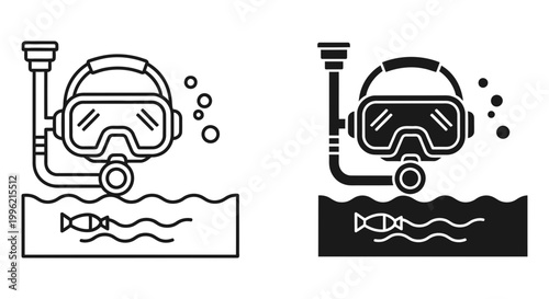 Snorkeling mask and tube icons, scuba diving equipment vector set, black and white line art of underwater swimming gear with fish and bubbles