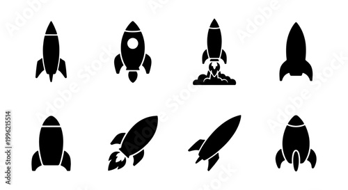 Minimalist rocket ship icon set, black space shuttle silhouettes, 8 startup launch vector symbols, flat spacecraft graphic elements for business growth