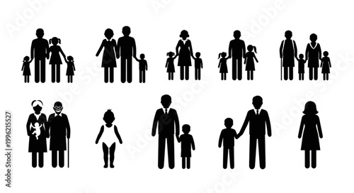 Diverse family silhouettes representing different generations and structures.