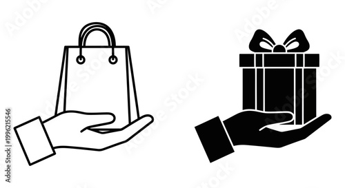 Minimalist shopping bag and gift box icons, human hand holding retail package and present, black and white vector set for e-commerce and delivery