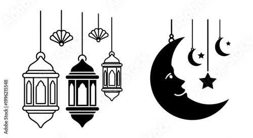 Islamic Ramadan lantern and crescent moon vector icons, black and white hanging Arabic lamps, traditional Eid Mubarak decorative elements