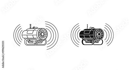 Industrial portable heater vector icons, construction site space heater equipment, black and white line art of electric fan forced blowers