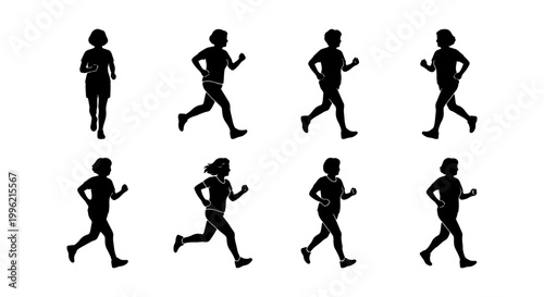 Running woman silhouettes set, female jogger athlete vector collection, 8 black figures of active ladies sprinting and exercising on white background