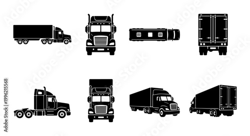 Semi truck silhouette vector set, heavy duty commercial vehicle icons, cargo transport trailer from multiple views, logistics and shipping industry graphics