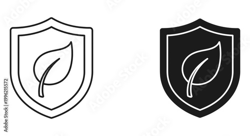 Eco-friendly shield icons with leaf symbol, environmental protection vector set, sustainable nature security signs in outline and solid black styles