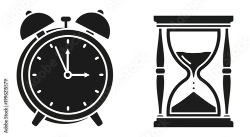 Minimalist time management icons set, black alarm clock and hourglass vector silhouettes, deadline and productivity symbols for business