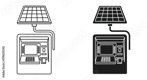 Solar powered ATM machine icons, green energy banking terminal vector set, sustainable automated teller machine with solar panel, eco-friendly finance technology