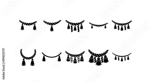 Decorative rope tassels and cord fringe set, black silhouette curtain tieback icons, 10 elegant drapery trim vector elements for interior design