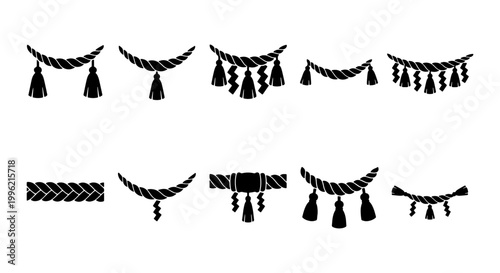 Fényképezés Japanese Shimenawa rope icons set, traditional Shinto sacred straw rope silhouet