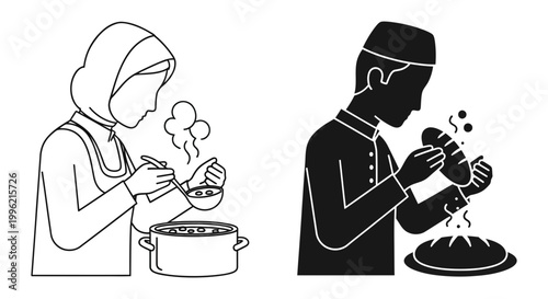 Muslim couple cooking traditional food icons, woman tasting soup and man baking bread, Islamic family kitchen activities vector set