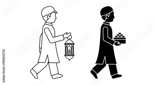Muslim boy character walking with Ramadan lantern and food box, Islamic holiday celebration vector icons, black and white line art illustrations