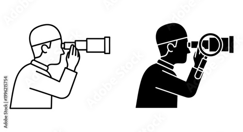 Muslim man looking through telescope vector icons, Islamic moon sighting for Ramadan and Eid, astronomical observation line and glyph symbols