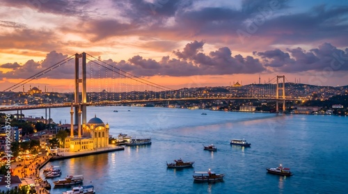 Bosphorus Bridge in Istanbul Connecting Europe and Asia at Sunset.
