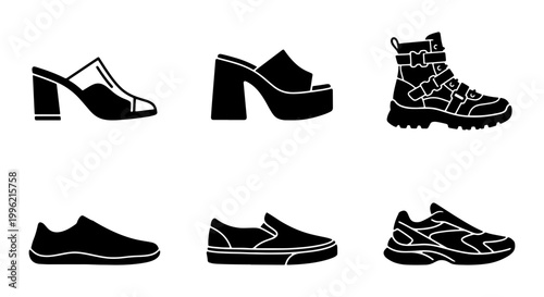 Modern footwear icon set, black silhouette shoe collection, 6 vector fashion footwear elements including sneakers, boots, and high heels for retail design